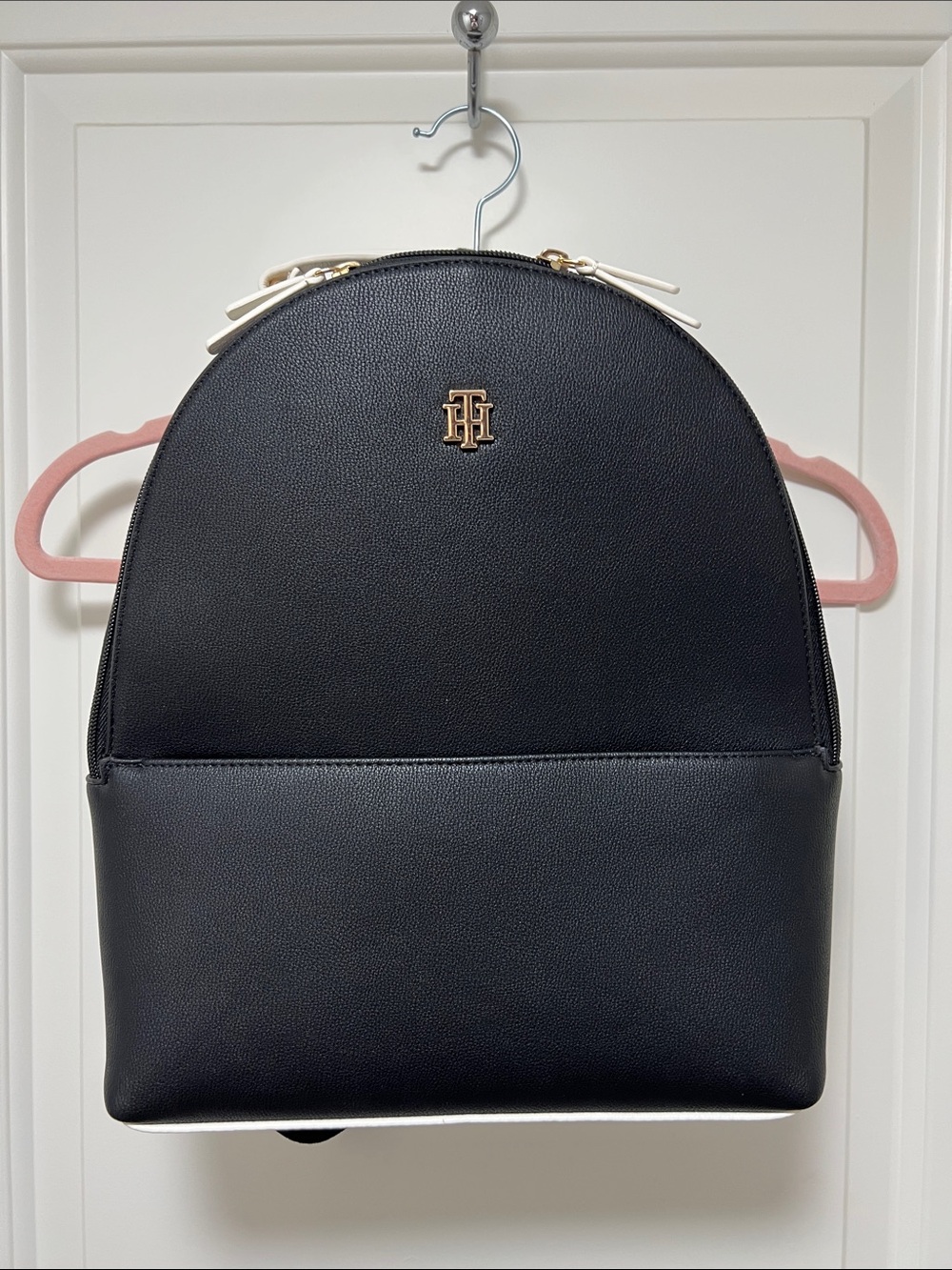 Tommy Hilfiger Black Faux Leather Dome Backpack with Gold Logo
